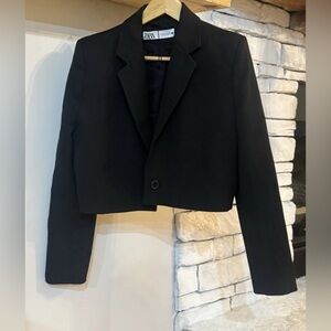 Zara Black Cropped Blazer Jacket One Button Size M